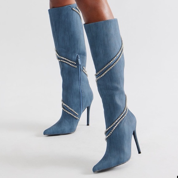 Fashion Nova Shoes - Fashion Nova Denim Rhinestone Trim Boots